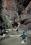 Hiker Virgin River Zion National Park.